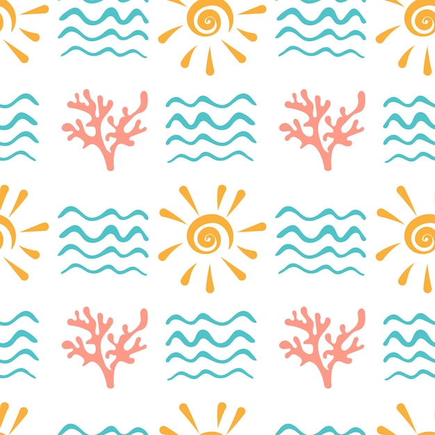 Seamless doodle Summer Pattern Geometric abstract Background with hand Drawn Sea waves corals and sunshine Summer vacation concept