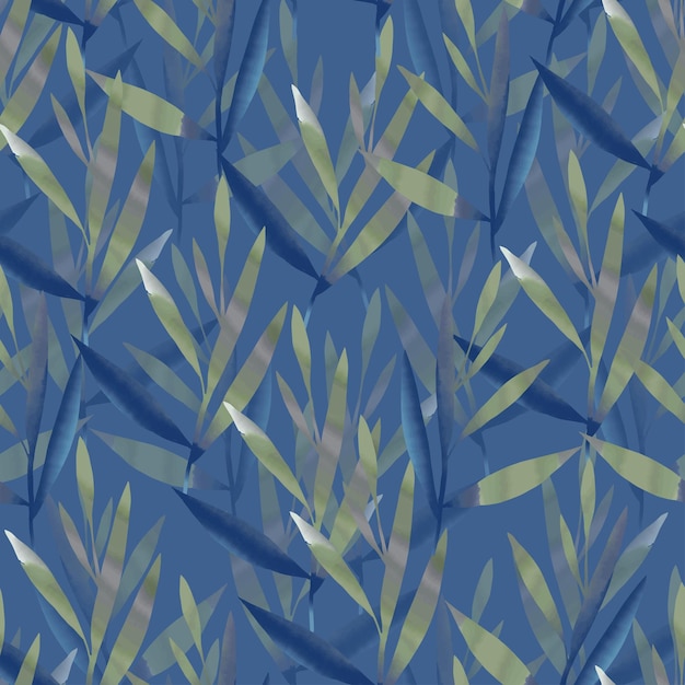 Seamless doodle watercolour leaves pattern on blue background greeting card or fabric