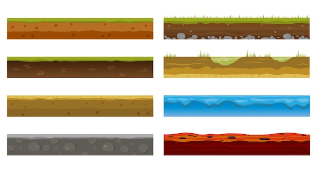 Seamless Earth Surface. Green grass land landscape, sandy desert and sea water beach.