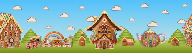 Seamless easter banner with gingerbread landscape