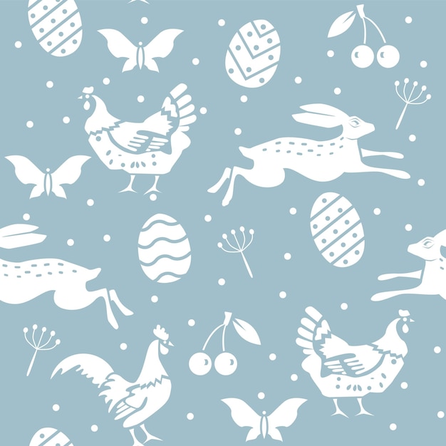 Seamless Easter pattern of hen hare eggs cherry plants on blue background