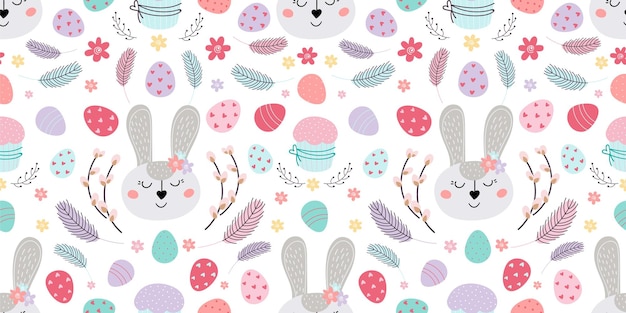 seamless Easter pattern with bunny Pattern with Easter bunny eggs cake