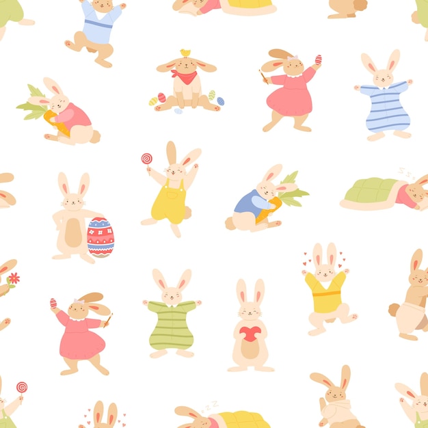 Seamless Easter pattern with cute bunnies and rabbits on white background Repeatable spring festive texture Endless design with baby characters Handdrawn colored flat vector illustration