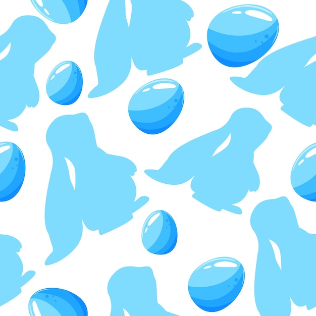 seamless easter poster with blue outlines of rabbits of different sizes and bluek eggs for poster