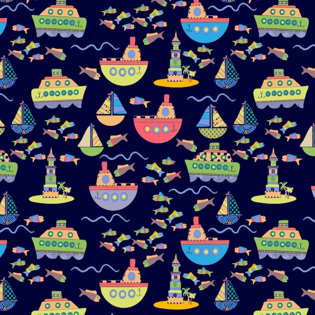 Seamless editable pattern with fishing boat