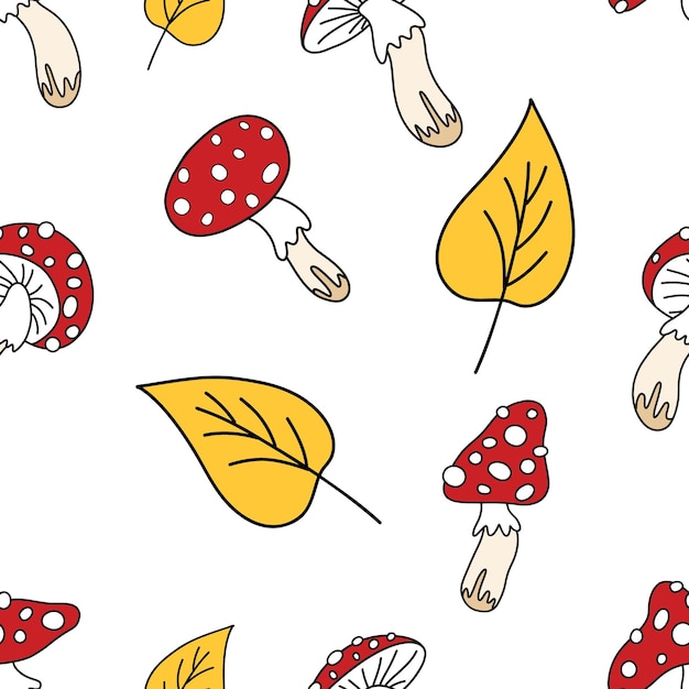 Seamless endless autumn vector patternleaves and mushrooms of fly agaric