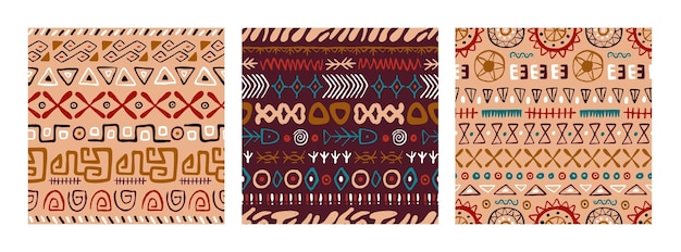 Seamless ethnic patterns with African tribal elements print. Abstract backgrounds with ancient ornament. Repeating traditional folk geometric textures. Colored hand-drawn graphic vector illustration.