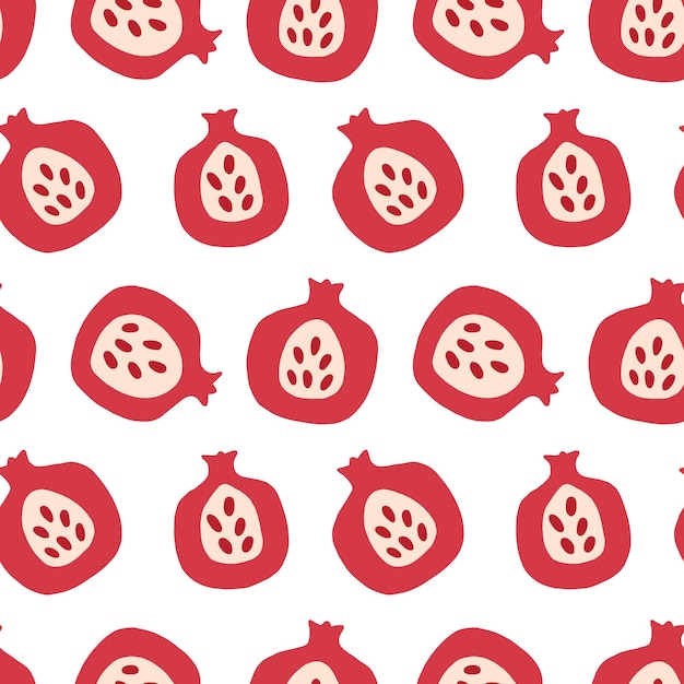 Seamless fashion pattern of pomegranate fruit half whole Vector hand drawn illustration texture in modern flat style for web print posters textile children clothes linens dress fabric