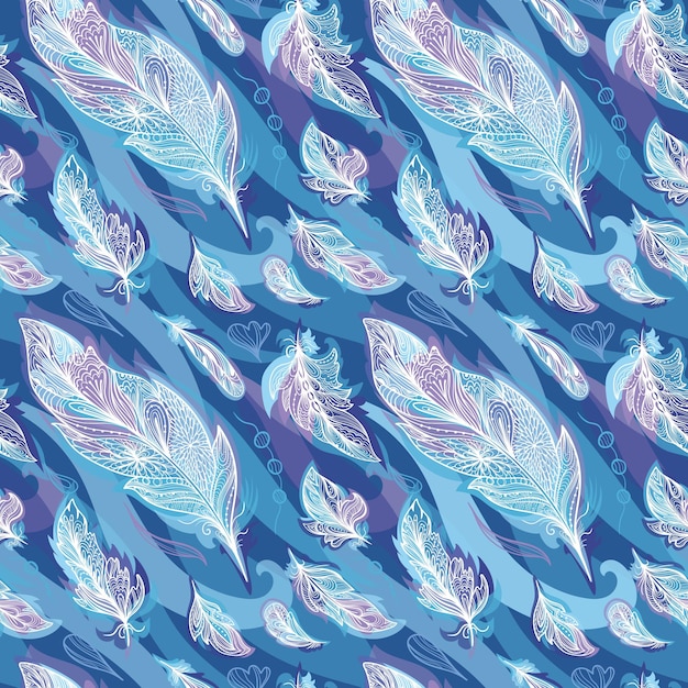 Vector seamless feather background hippie style in blue color for textile and paper design