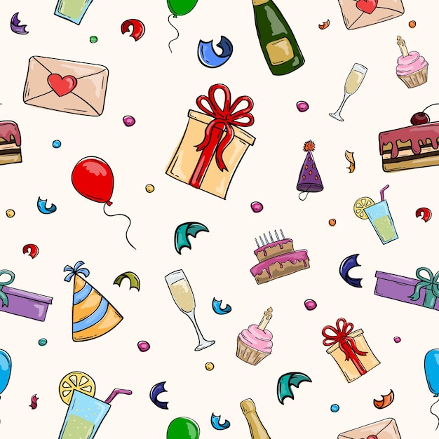 Seamless festive color pattern background with cake balloons caps and birthday drinks