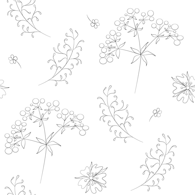 Seamless field flowers and grasses elements vector pattern