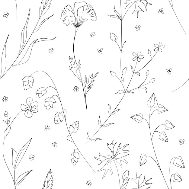 Seamless field flowers and grasses elements vector pattern