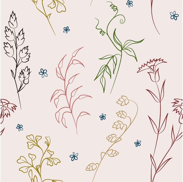 Seamless field flowers and grasses elements vector pattern