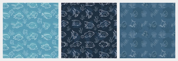 Vector seamless fish pattern blue background design