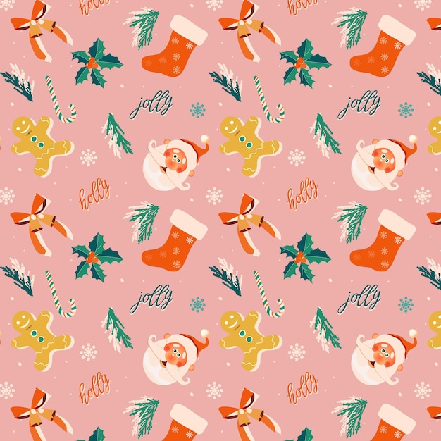 Seamless flat pattern with Merry Christmas and Happy New Year icons.