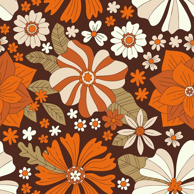 Seamless floral background with daisies in boho style. Autumn flowers and leaves pattern