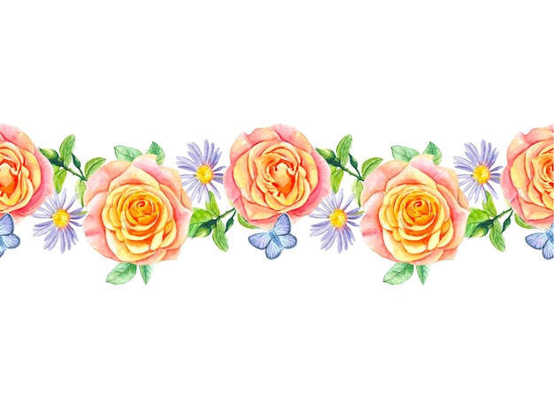 Seamless floral border with yellow watercolor roses