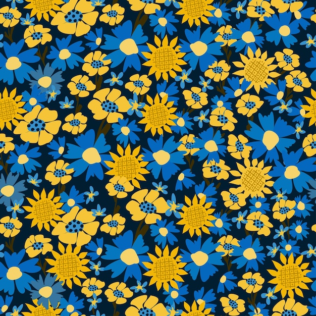 Seamless floral natural abstract pattern black background Millefleurs style Blue yellow Flowers