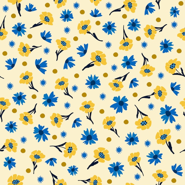 Seamless floral natural abstract pattern white background Millefleurs Blue yellow Flowers