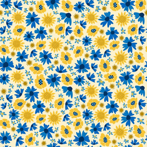 Seamless floral natural abstract pattern white background Millefleurs Blue yellow Flowers