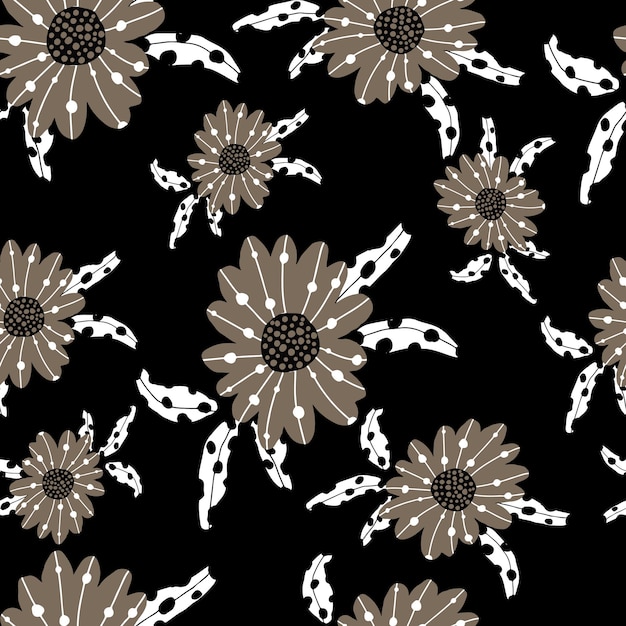 Seamless floral pattern. Abstract spring print. Flowers on a dark background in cartoon style. Stock windy illustration.