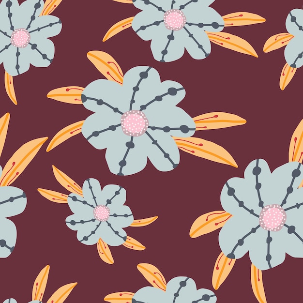 Seamless floral pattern. Abstract spring print. Flowers on a pink background in cartoon style. Stock windy illustration.