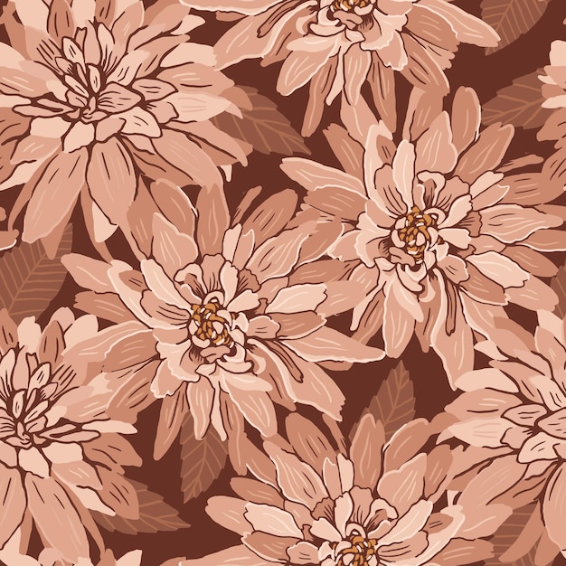 Seamless floral pattern of beige dahlia flowers Vector hand drawn illustration For fabrics wallpaper wrapping paper bed linen