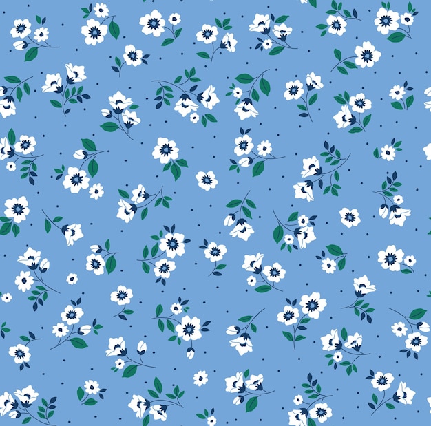 Seamless floral pattern for design Small white flowers Blue background Cute vintage print