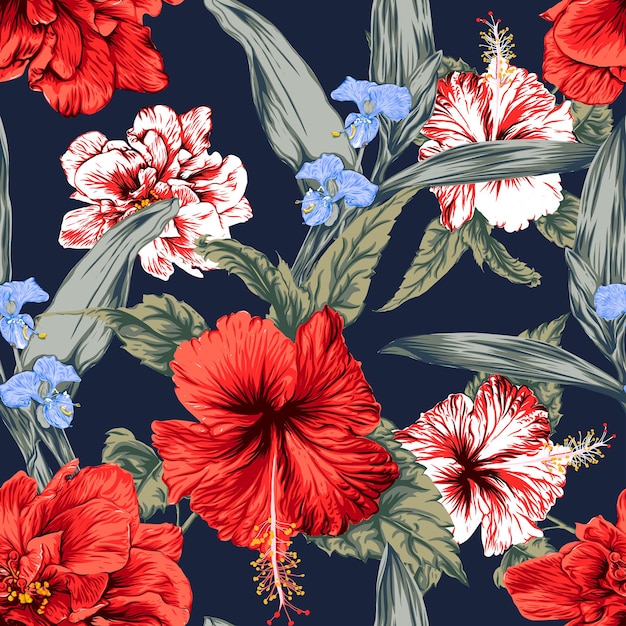 Seamless floral pattern hibiscus flowers background.