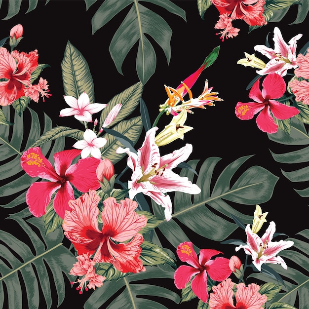 Seamless floral pattern Hibiscus,Frangipani and lily flowers abstract background.