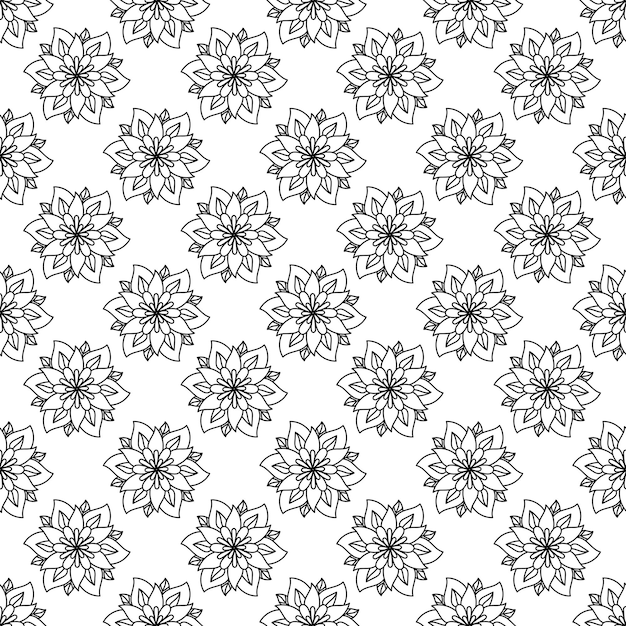 Seamless floral pattern minimal and geometric textures Black outline isolated on white background Simple mandala flower elements