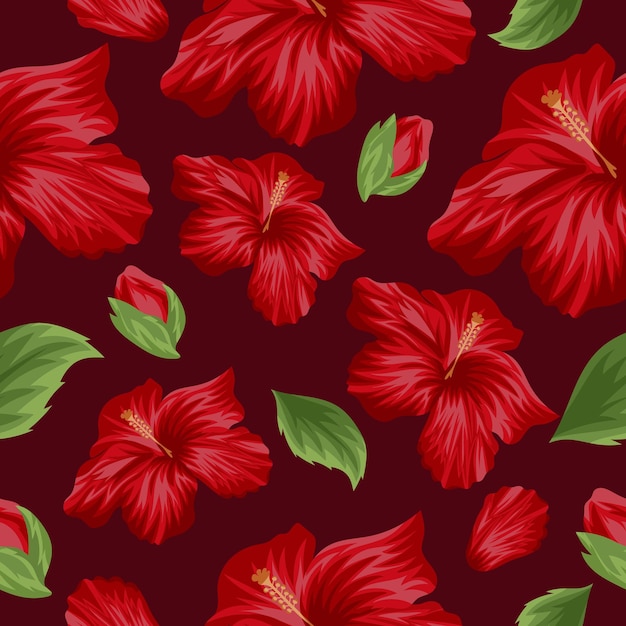 seamless floral pattern of open buds of red mallows and green leaves on a pastel background