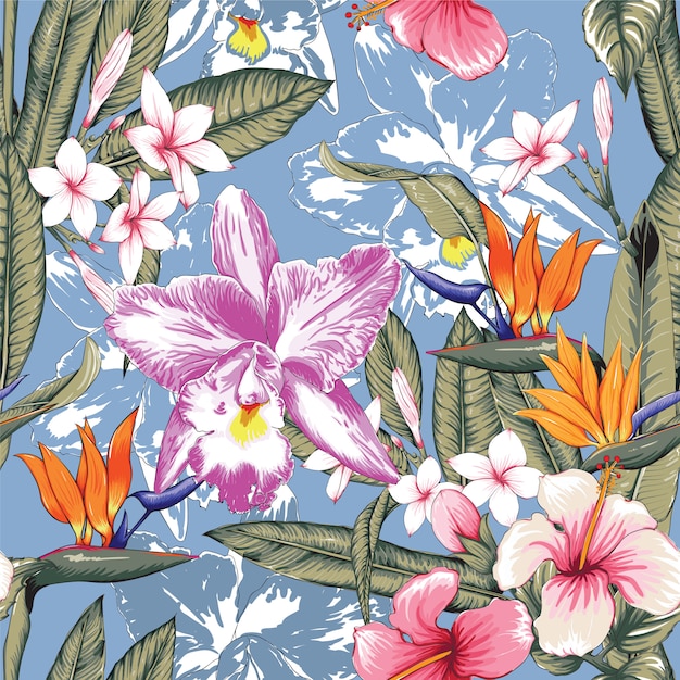 Seamless floral pattern pink pastel color Hibiscus, Frangipaniand Orchid flowers on isolated blue background