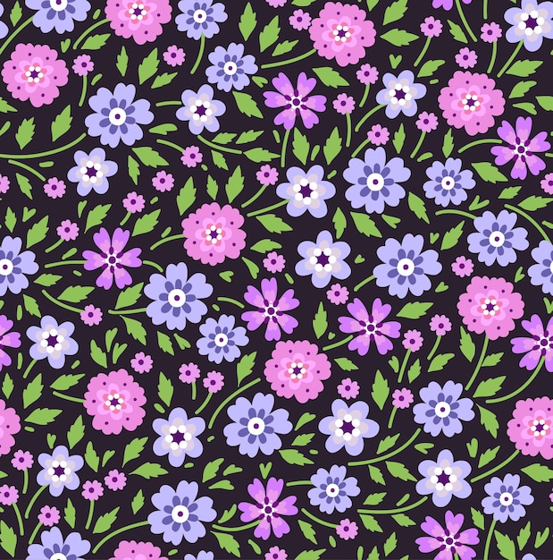 Seamless floral pattern for . Small lilac flowers. Black background. Modern floral pattern.