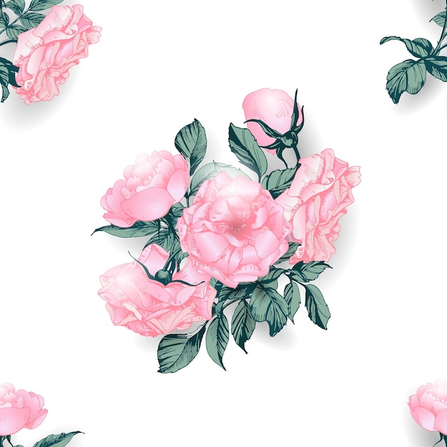 Seamless floral pattern with a blossoming branch of rose. Vector Illustration