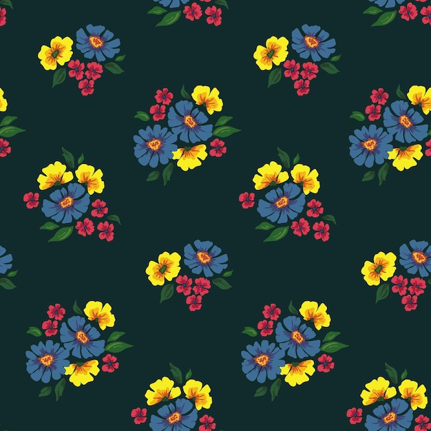 Seamless floral pattern with bouquets of various wildflowers. Multi-colored flower heads are collected in bouquets on a dark background. Vector.