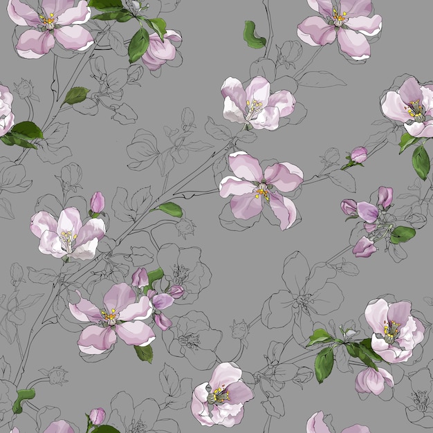 Seamless floral pattern with branches apple blossom or flowers cherry.