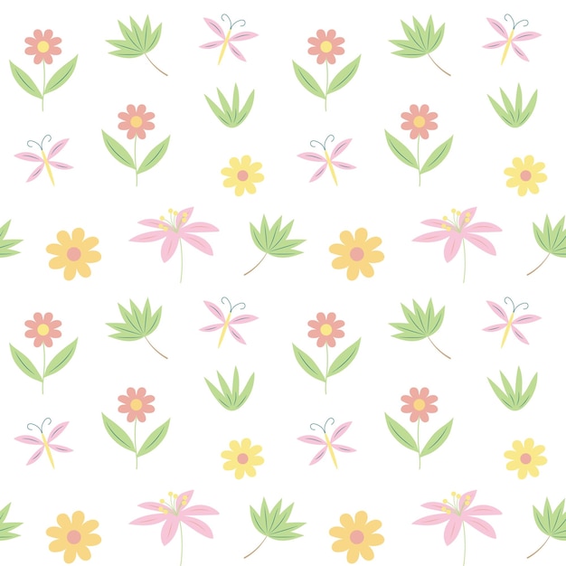 Seamless floral pattern with flowers dragonfly leaves