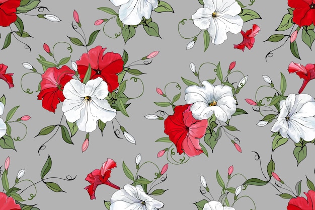 Seamless floral pattern with flowers white, red petunia and green leaves on gray background. Hand drawn. For design, textile, print, wallpapers, wrapping paper.