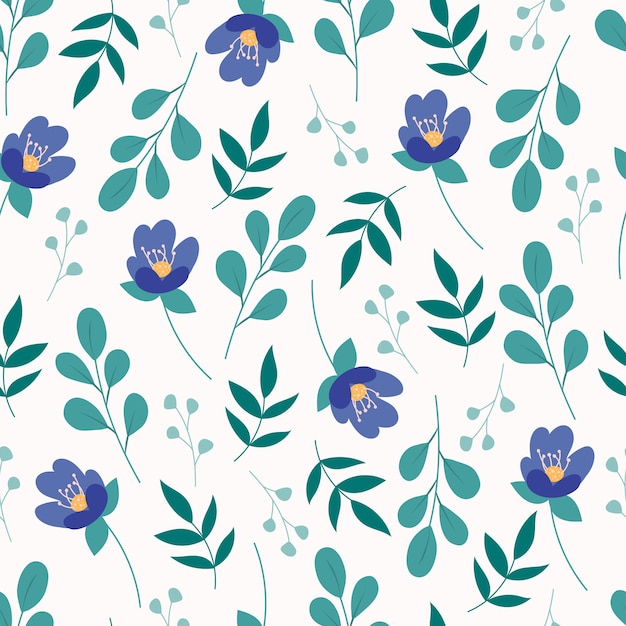 Seamless floral pattern with green leaves and blue flowers