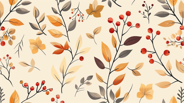 Vector seamless floral pattern with leaves and berries on a beige background