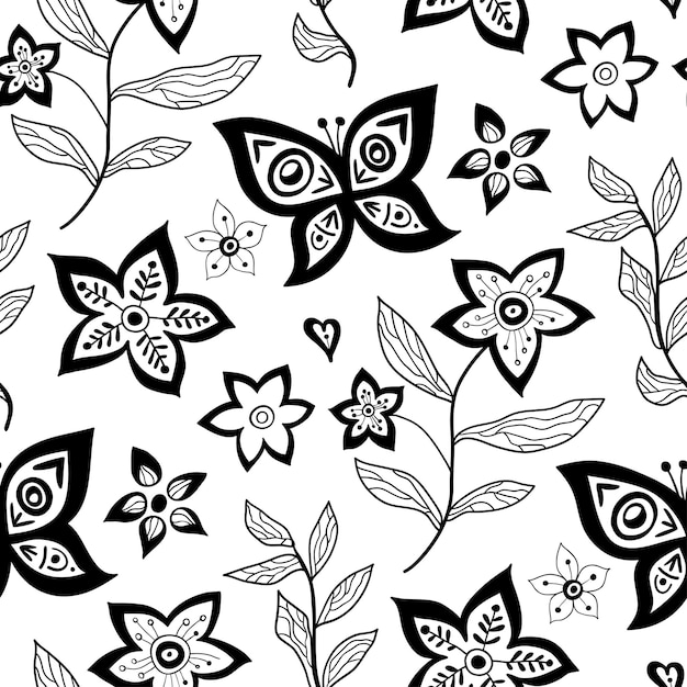 Seamless floral pattern with outline flowers and leaves background Abstract