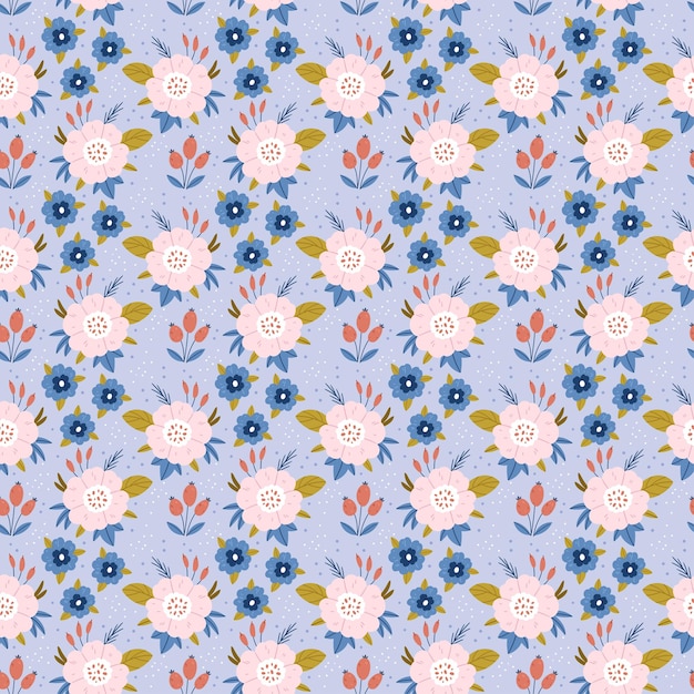 Seamless floral pattern with pink flowers and leaves on a blue background