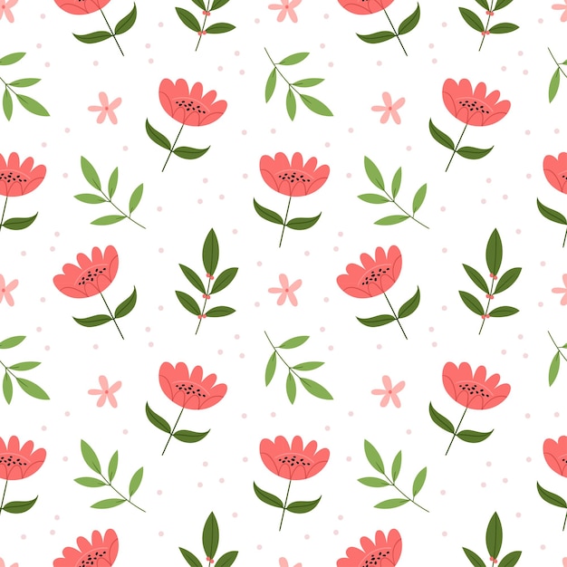 Seamless floral pattern with pink flowers and leavesColorful flat vector illustration Repeating texture design