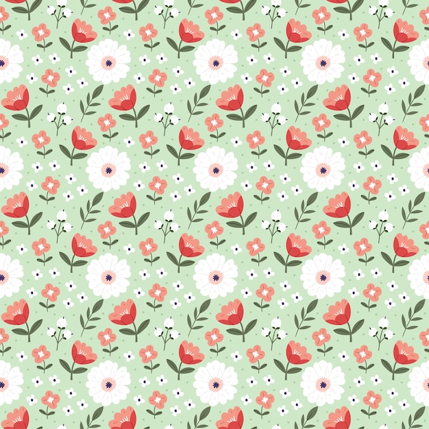 Seamless floral pattern with pink and white flowers on a light green background