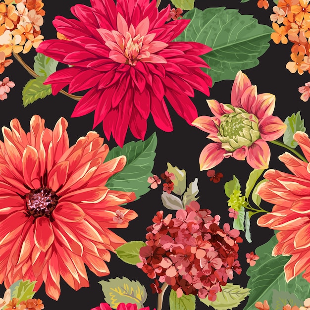 Seamless  Floral Pattern with Red Asters Flowers Background