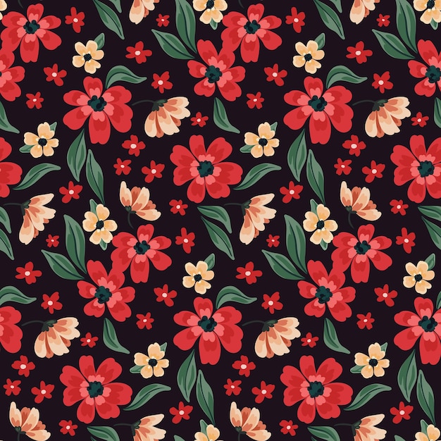 Seamless floral pattern with red flowers leaves on a dark background Ornate botanical composition of a flowering meadow in the Slavic style Vector illustration