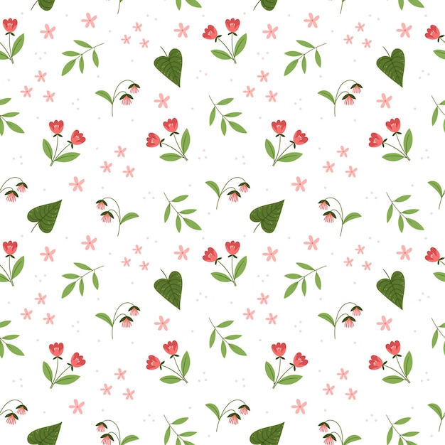 Seamless floral pattern with small pink flowers and leaves on a white backgroundColorful flat vector illustration Repeating texture design