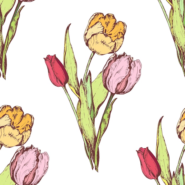 Seamless floral pattern with spring flowers. Hand drawn. Vector illustration.