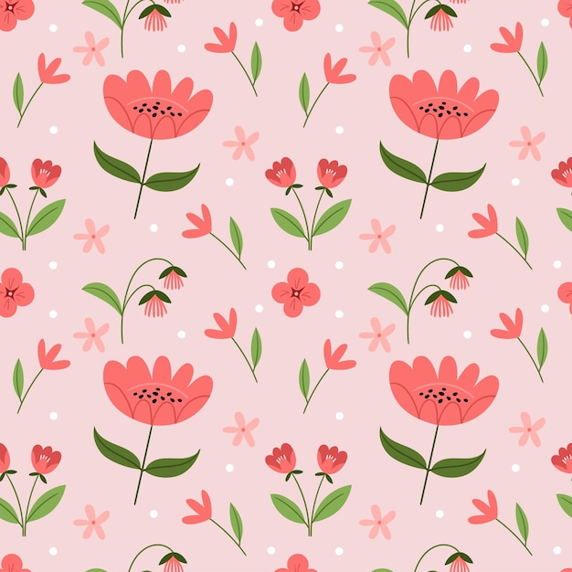 Seamless floral pattern with summer pink flowers and leavesColorful flat vector illustration Repeating texture design